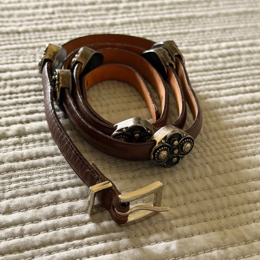 Vintage Italy Women's Brown Leather Slim Concho Belt Floral Studded Western Boho